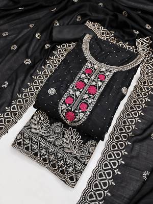 black embroidered vichitra cotton unstitched dress material  4