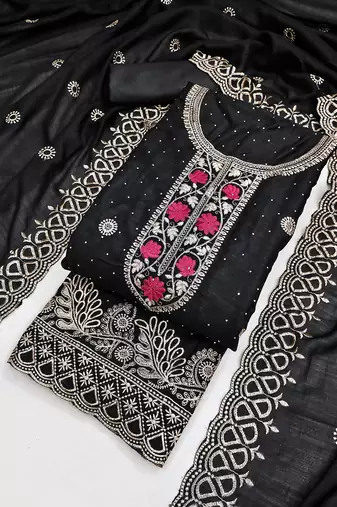 black embroidered vichitra cotton unstitched dress material 