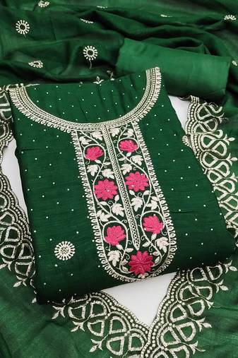green embroidered vichitra cotton unstitched dress material 