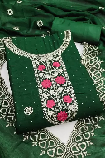 green embroidered vichitra cotton unstitched dress material 