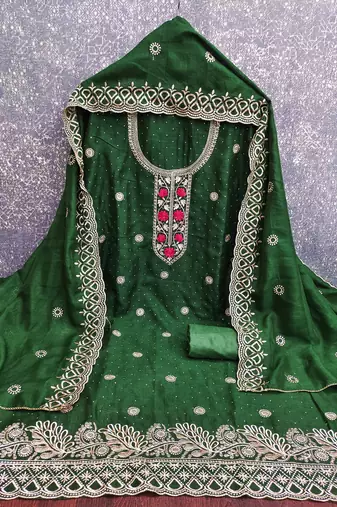 green embroidered vichitra cotton unstitched dress material 