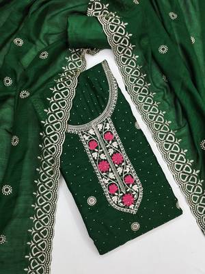 green embroidered vichitra cotton unstitched dress material  3