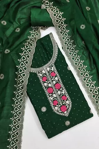 green embroidered vichitra cotton unstitched dress material 