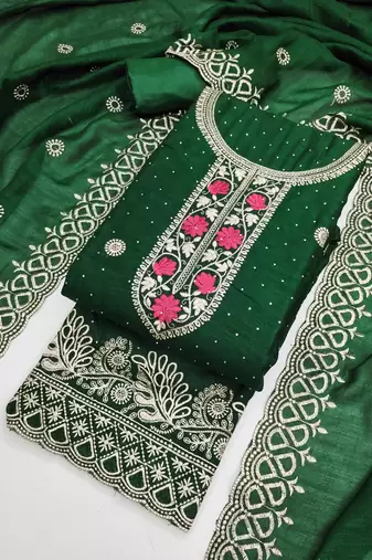 green embroidered vichitra cotton unstitched dress material 