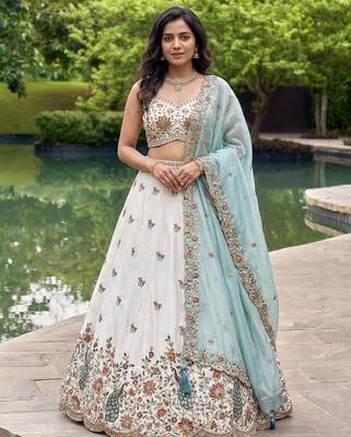 Women's Cream-Blue Organza Zarkan, Multi-Color Thread, Golden Sequin Embroidered Lehenga Choli with Dupatta 1