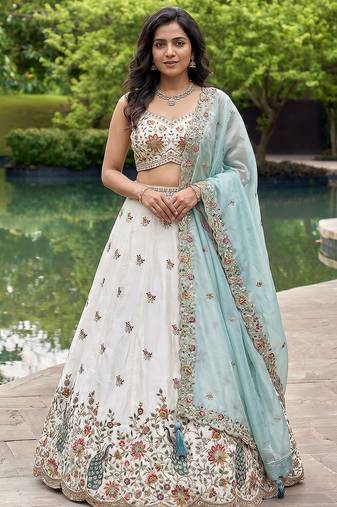 Women's Cream-Blue Organza Zarkan, Multi-Color Thread, Golden Sequin Embroidered Lehenga Choli with Dupatta
