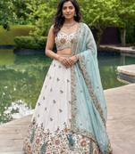 Women's Cream-Blue Organza Zarkan, Multi-Color Thread, Golden Sequin Embroidered Lehenga Choli with Dupatta
