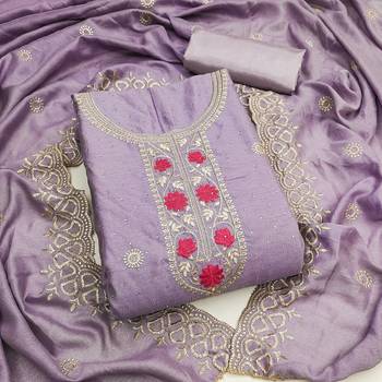 lavender embroidered vichitra cotton unstitched dress material  1