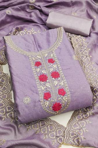 lavender embroidered vichitra cotton unstitched dress material 