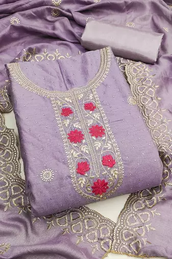 lavender embroidered vichitra cotton unstitched dress material 