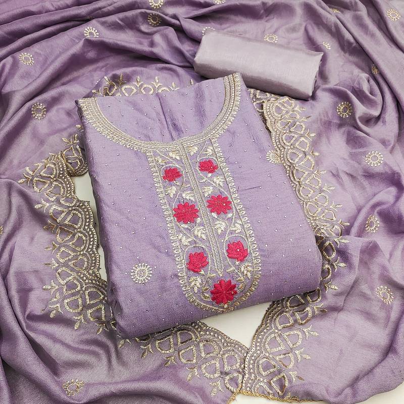 lavender embroidered vichitra cotton unstitched dress material 