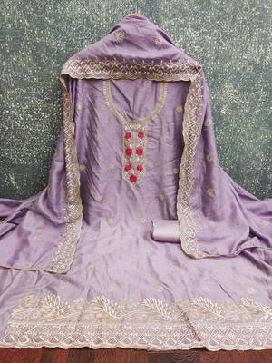 lavender embroidered vichitra cotton unstitched dress material  2