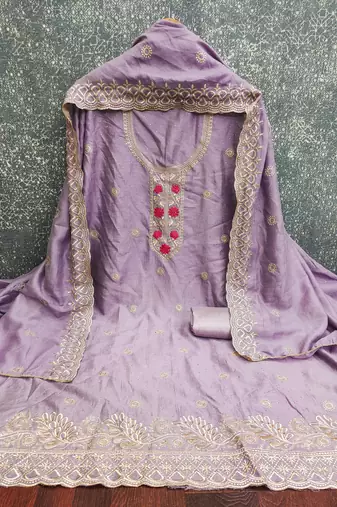 lavender embroidered vichitra cotton unstitched dress material 