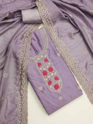 lavender embroidered vichitra cotton unstitched dress material  3