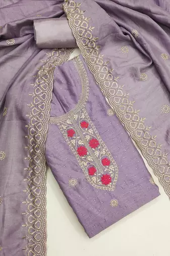 lavender embroidered vichitra cotton unstitched dress material 