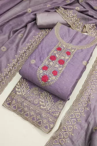 lavender embroidered vichitra cotton unstitched dress material 