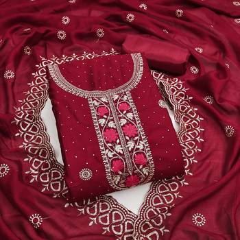 maroon embroidered vichitra cotton unstitched dress material  1