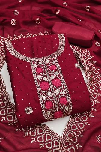 maroon embroidered vichitra cotton unstitched dress material 