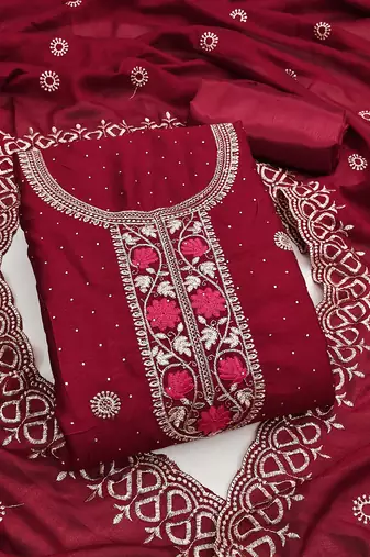 maroon embroidered vichitra cotton unstitched dress material 