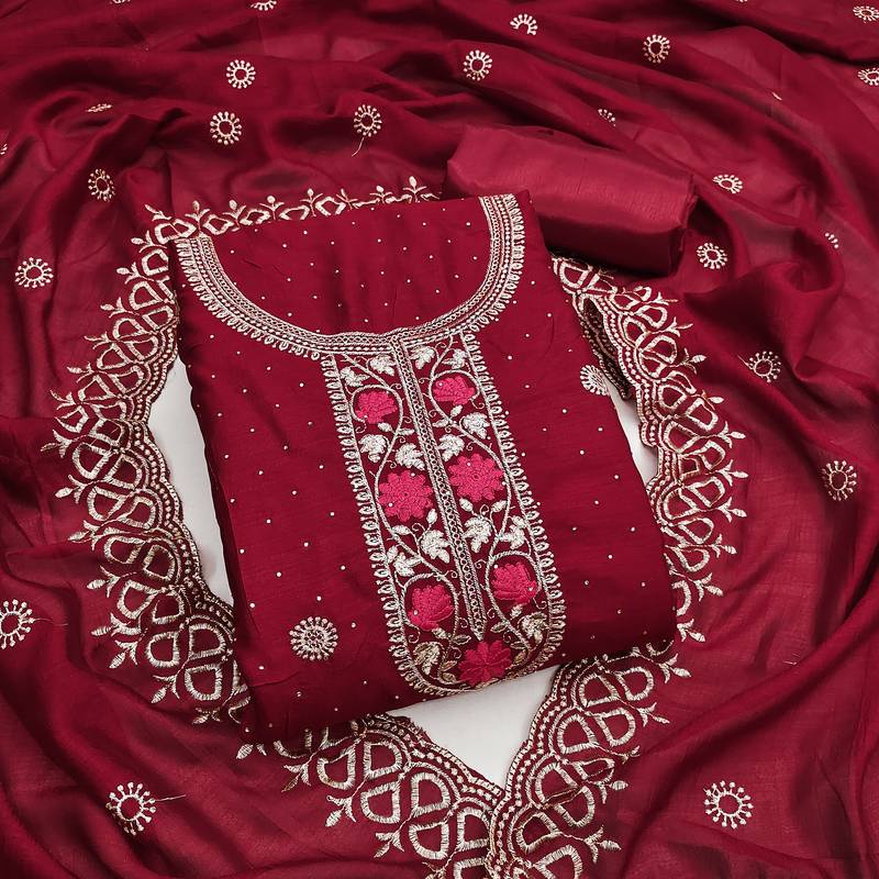 maroon embroidered vichitra cotton unstitched dress material 