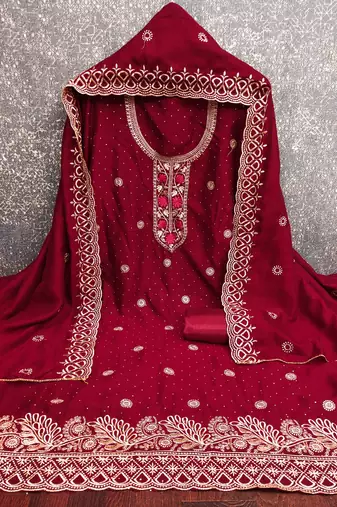 maroon embroidered vichitra cotton unstitched dress material 