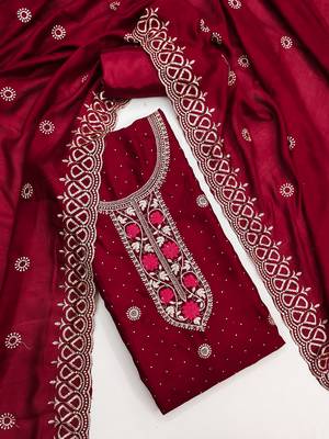 maroon embroidered vichitra cotton unstitched dress material  3