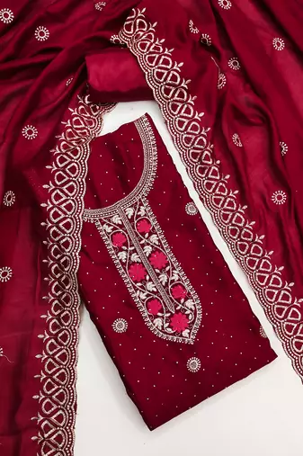 maroon embroidered vichitra cotton unstitched dress material 