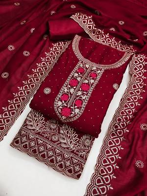 maroon embroidered vichitra cotton unstitched dress material  4
