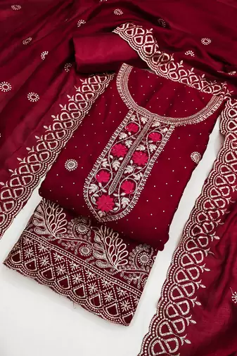 maroon embroidered vichitra cotton unstitched dress material 