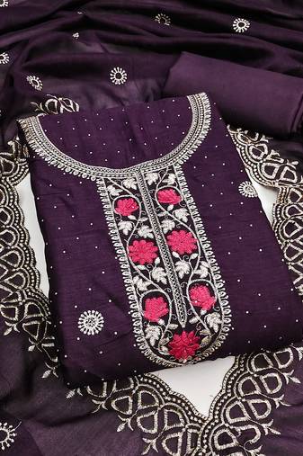 purple embroidered vichitra cotton unstitched dress material 