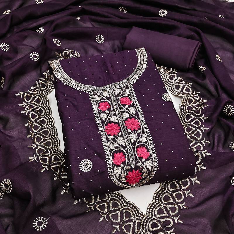 purple embroidered vichitra cotton unstitched dress material 