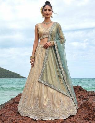 Women's Cream Tissue Beads with zari Embroidered Lehenga Choli with Dupatta 4