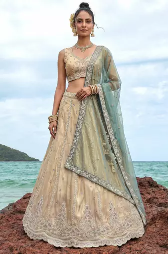 Women's Cream Tissue Beads with zari Embroidered Lehenga Choli with Dupatta