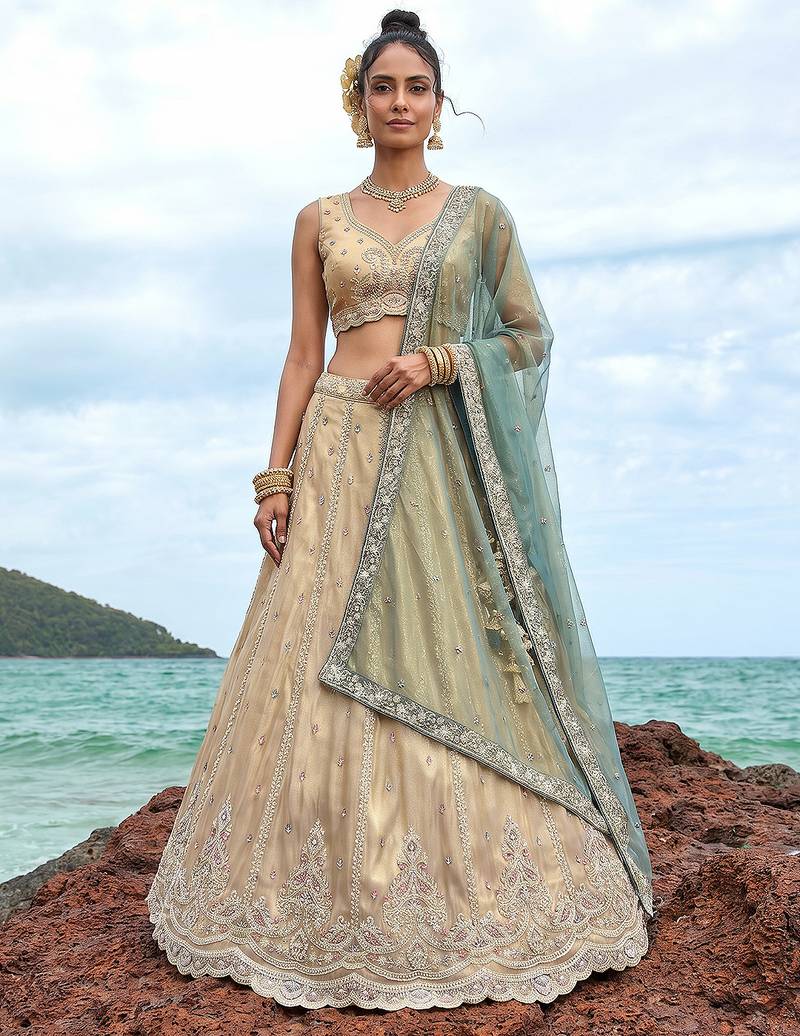 Women's Cream Tissue Beads with zari Embroidered Lehenga Choli with Dupatta