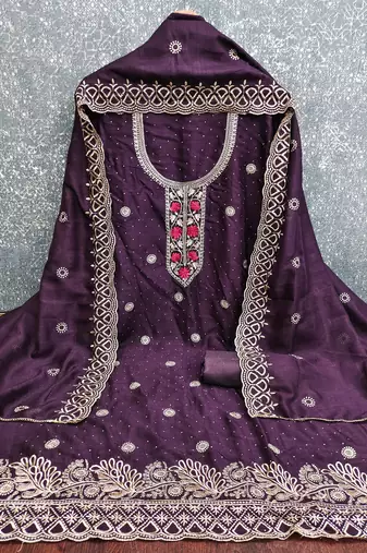 purple embroidered vichitra cotton unstitched dress material 