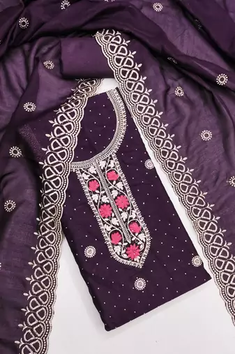 purple embroidered vichitra cotton unstitched dress material 