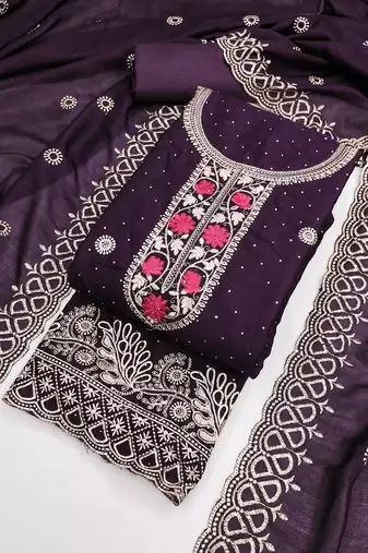 purple embroidered vichitra cotton unstitched dress material 