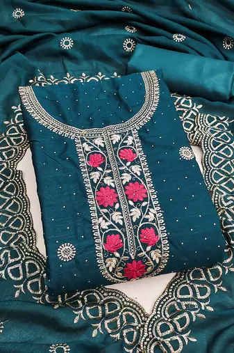 Teal blue embroidered vichitra cotton unstitched dress material