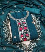 Teal blue embroidered vichitra cotton unstitched dress material