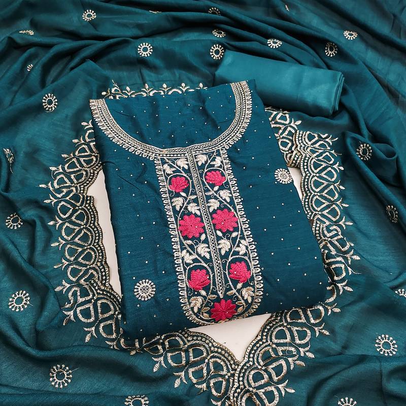 Teal blue embroidered vichitra cotton unstitched dress material