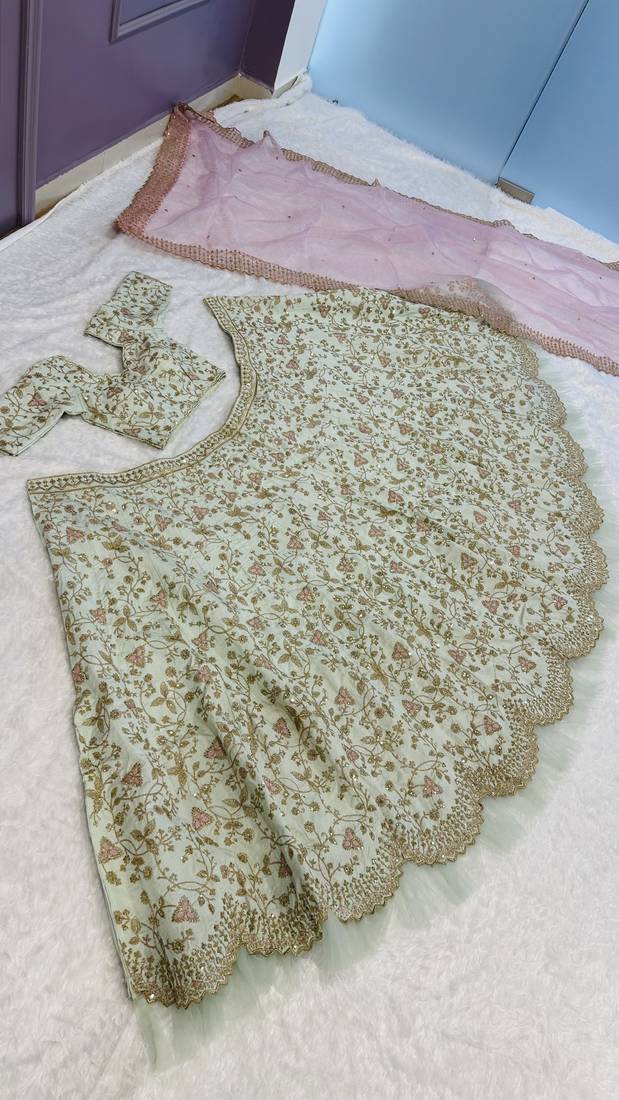 light olive sequins silk lehenga set