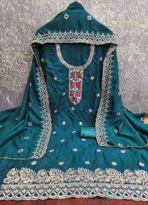Teal blue embroidered vichitra cotton unstitched dress material 2