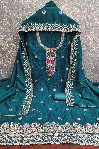Teal blue embroidered vichitra cotton unstitched dress material