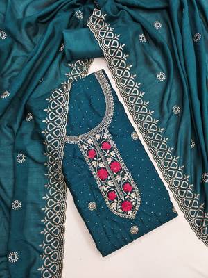 Teal blue embroidered vichitra cotton unstitched dress material 3