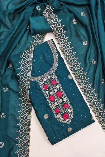 Teal blue embroidered vichitra cotton unstitched dress material