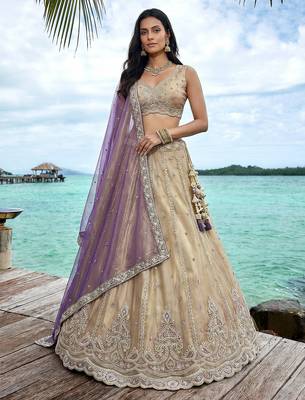 Women's Cream Tissue Beads with zari Embroidered Lehenga Choli with Dupatta 1