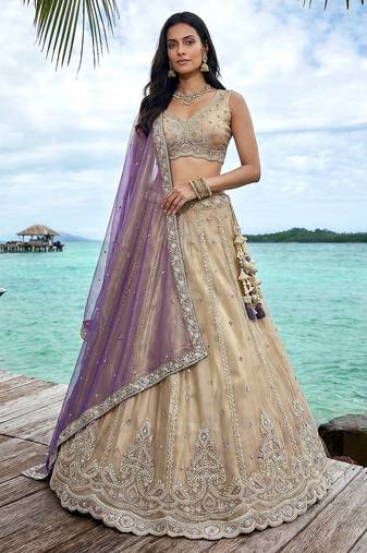 Women's Cream Tissue Beads with zari Embroidered Lehenga Choli with Dupatta