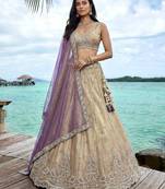 Women's Cream Tissue Beads with zari Embroidered Lehenga Choli with Dupatta