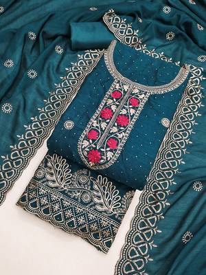 Teal blue embroidered vichitra cotton unstitched dress material 4