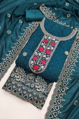 Teal blue embroidered vichitra cotton unstitched dress material